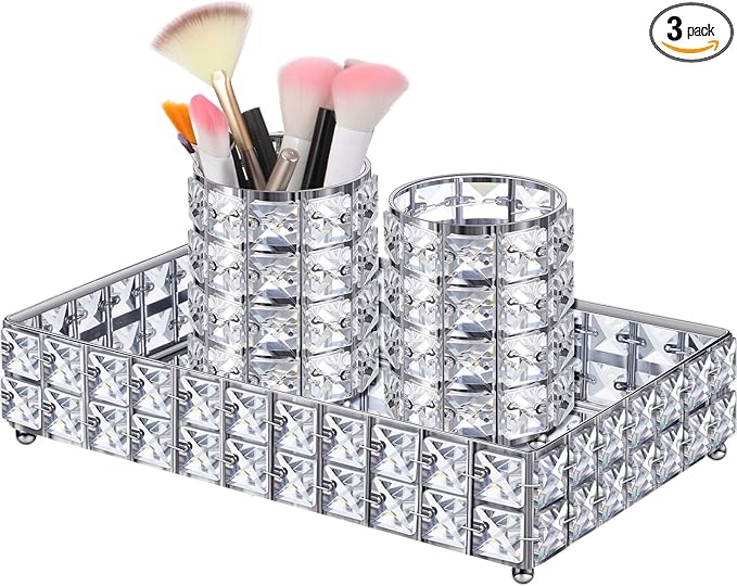 3 Pieces Crystal Makeup Brush Holder Organizer Vanity Makeup Tray Set, 2 Pcs Crystal Bling Cosmetics Brushes Cup 1 Storage Jewelry Trinket Tray Bathroom Sink Vanity Trays, 11.81 x 7.87 x 2.76 Inch