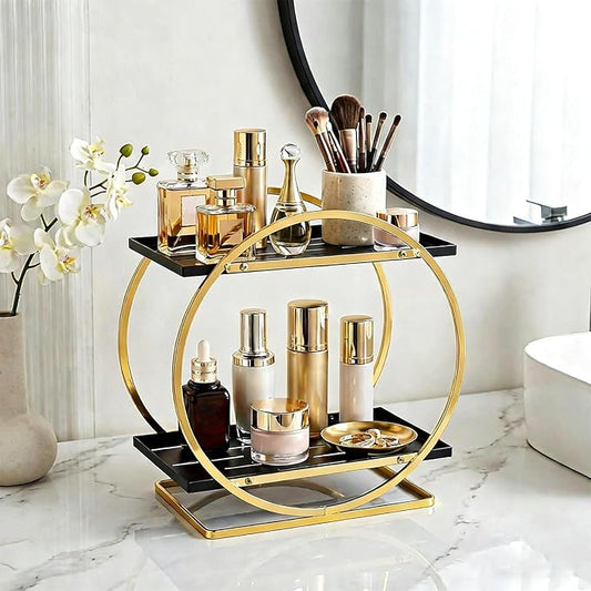 BO2701 2 Tier Bathroom Organizer, Perfume Organizer for Dresser, Black Gold