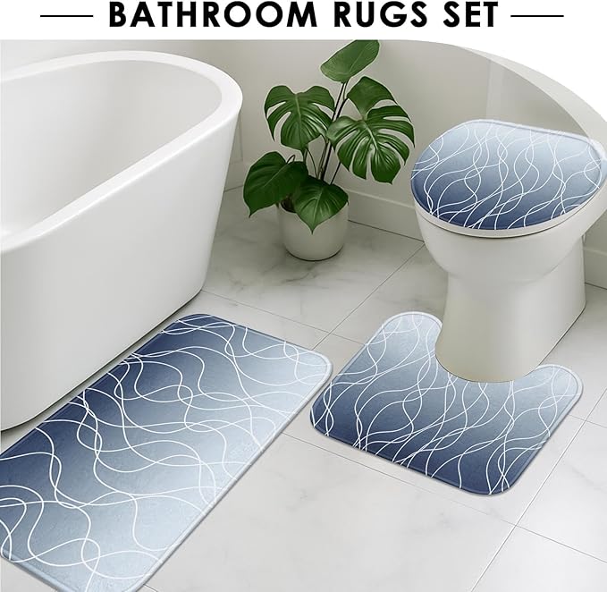 Blue Ombre Shower Curtain Set with Toilet Lid Cover and Non-Slip Rugs, White Striped Wavy Lines 4 Pcs Shower Curtain for Bathroom, Modern Simple Abstract Bathroom Decor