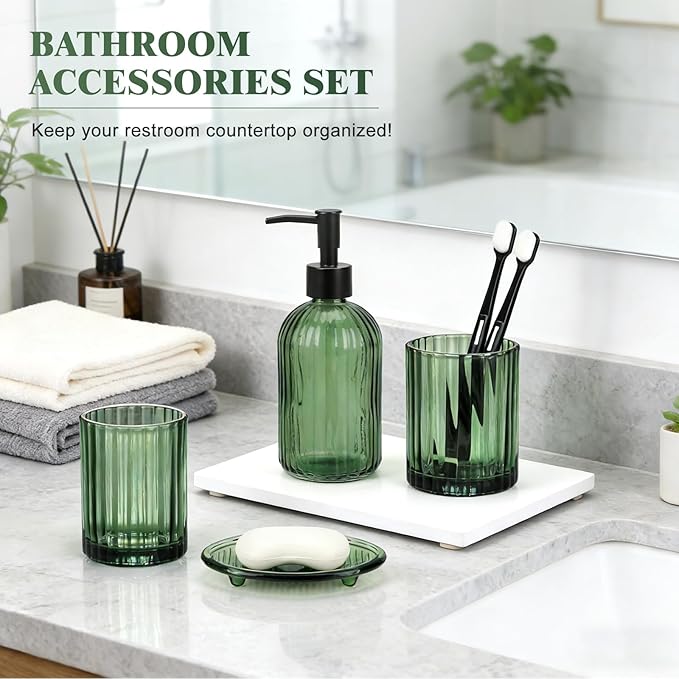 Bathroom Accessories Set, 4Pcs Glass Bathroom Accessories Sets Complete Lotion Soap Dispenser, Toothbrush Holder, Mouthwash Cup, Soap Dish for Bathroom Decor, Countertop Organizer (Green)
