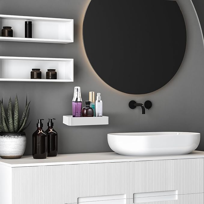 Z metnal Small Glass Bathroom Shelves, White Floating Wall Shelf, Mini Wall Mounted (White Clear Glass, 8 inch/20cm), 1pcs