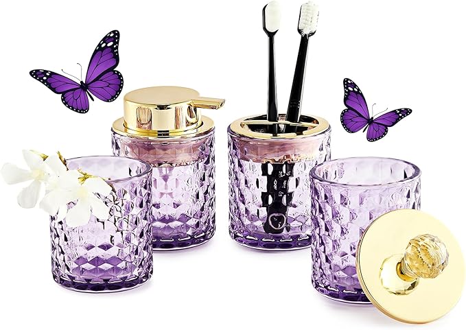 Purple Bathroom Accessories, 4Pcs Purple Bathroom Accessory Set Complete, Toothbrush Holder Set, Soap Dispenser, Qtip Holder, Tumbler, Perfect for Bathroom Decor and Vanity