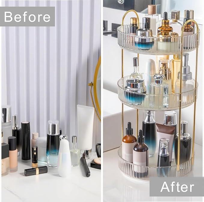 INVSSENE 360?? Rotating Makeup Organizer, Bathroom Make Up Spinning Holder Rack, Large Capacity Cosmetics Storage Vanity Shelf Countertop, Fits Cosmetics, Perfume, Skincare, Lipsticks(1 Tier, Clear)