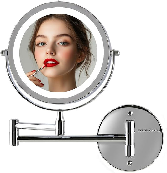 OVENTE Wall Mounted Lighted Makeup Mirror, 7" Double Sided 1X/10X Magnifying Vanity Mirror for Bathroom with LED Lights, Cordless, 360° Rotation and 13" Extendable Arm, Polished Chrome MFW70CH1X10X