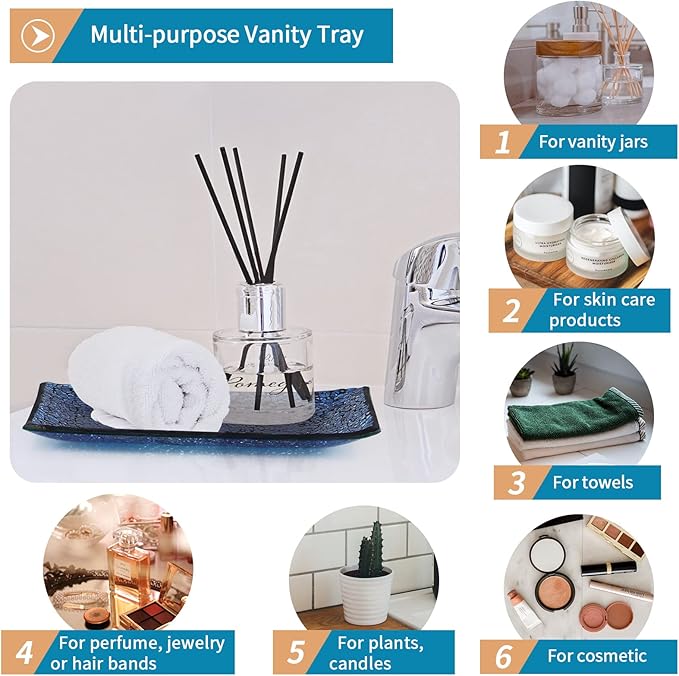 4 Pcs Mosaic Glass Bathroom Accessories Set, Modern Luxury Bath Ensemble, Includes Soap Dispenser, Cotton Swab Jar, Toothbrush Holder, Vanity Tray (Shiny Blue)