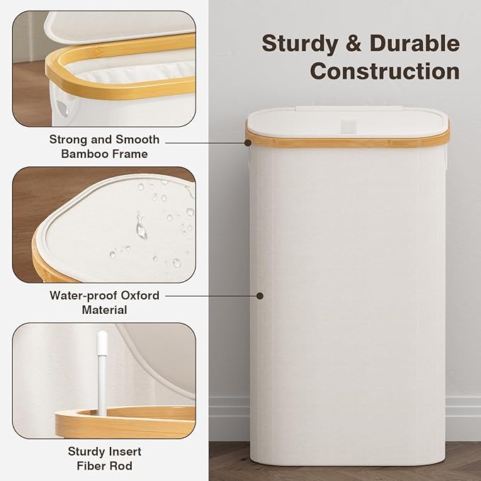 Bathola 75L Slim Laundry Hamper with Lid, Dirty Clothes Hampers for Laundry, Collapsible Laundry Baskets for Small Spaces, Bedroom, Bathroom, Laundry Room, Beige