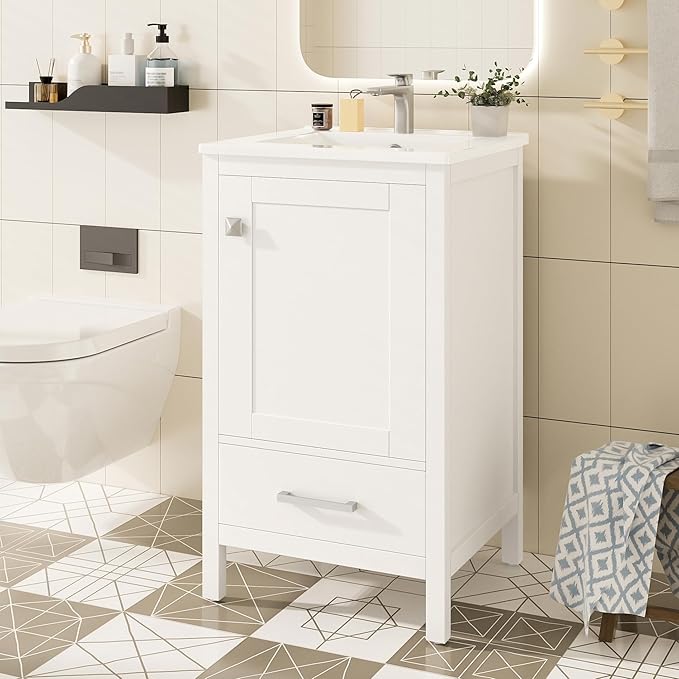 Virubi 20" Small Bathroom Vanity with Sink, Soft-Close Drawer and Door, Wood Modern Single Bathroom Sink Cabinet with Doors and Shelves, Adjustable Foot Pads, for Small Space (White)