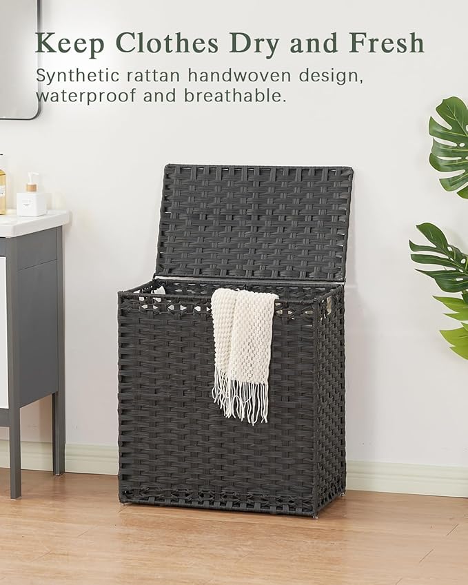 SETVSON Laundry Hamper with Lid Wicker Laundry Basket 112 L (29.6 Gal) Laundry Hampers Handwoven Rattan Clothes Hamper with Handles 3 Removable Liner Bag, 6 Mesh Bags for Bathroom Bedroom Black