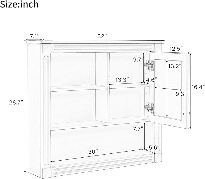 Merax Bathroom Medicine Cabinet with Mirror Door & Adjustable Shelves, 32" x 28" Wall Mounted Bathroom Storage Cabinet with Mirror, Over The Toilet