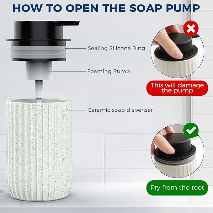 Ceramic Foaming Hand Soap Dispenser，12 oz Bathroom Soap Dispensers， Lotion Dispenser for Kitchen, Refillable Matte Streaks Soap Dispenser with Large Pump (Beige-2Pack)