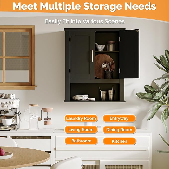 VINGLI Bathroom Wall Cabinet, Black Medicine Cabinet with Open Shelf & 2 Doors, Adjustable Hanging Storage Organizer Over Toilet, Wooden Cupboard for Kitchen Laundry Room Entryway