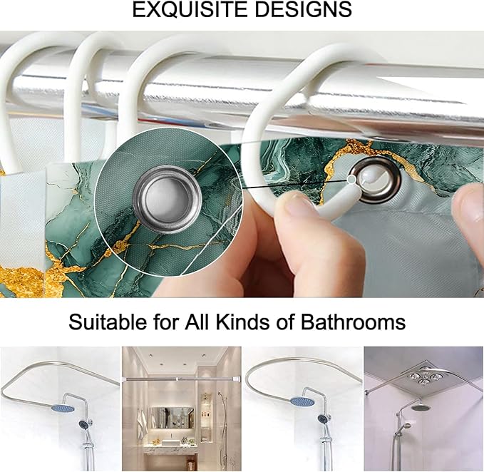 Lnond 4Pcs Marble Bathroom Sets with Shower Curtain and Rugs,Green Gold Marble Modern Art Bathroom Shower Curtain Sets with Rugs and Accessories
