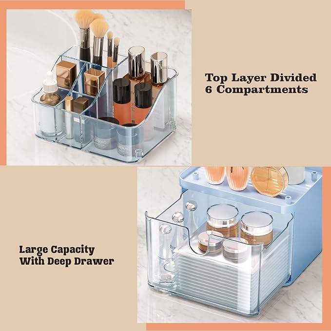 Small Bathroom Counter Organizer - 3 Tier Makeup Organizer Countertop - Multi-Purpose Skin Care with Drawer for Vanity, Cosmetic Counter Organizer (Blue)