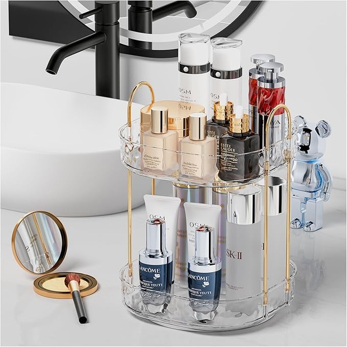 360° Rotating Makeup Organizer - Large Capacity Makeup Skincare Perfume Organizer Bathroom Organizer for Countertop Clear 2 Tier