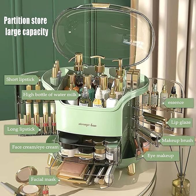 Portable Light Luxury Series Multi-Function Make Up Case Dustproof Cosmetic Storage Box,Cosmetics Skin Care Products Jewelry Organizer Case Lipstick Box - Green