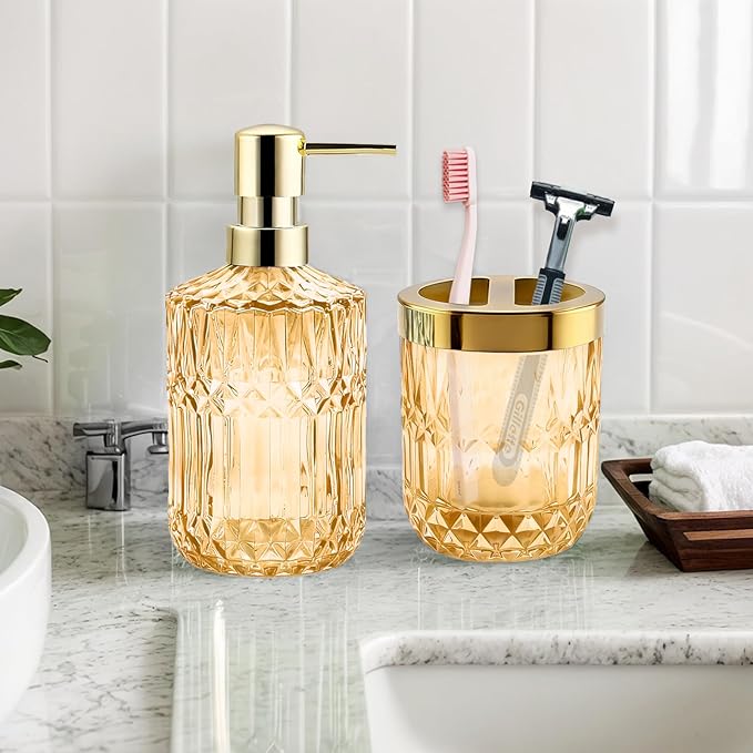 2Pcs Golden Bathroom Accessories Set, Glass Bathroom Accessories, Vintage Bathroom Countertop Decoration Includes Soap Dispenser, Toothbrush Holder