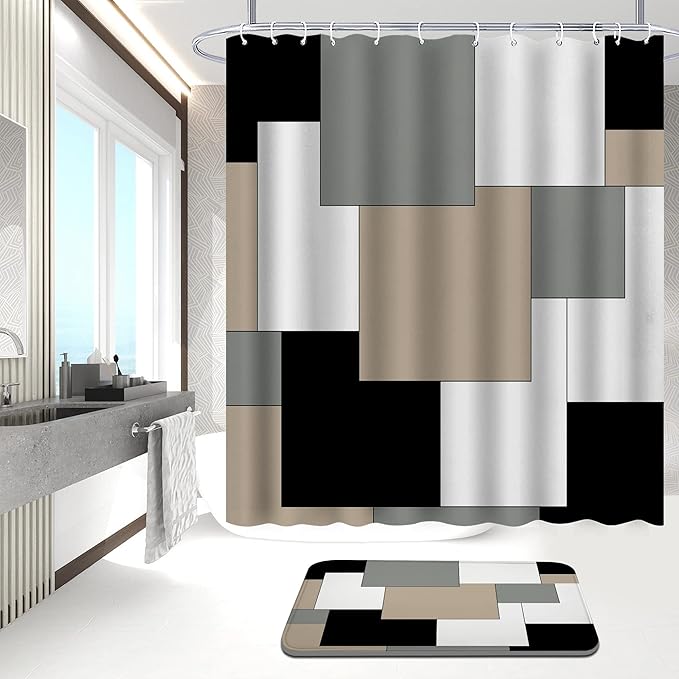 Grey Bathroom Set with Shower Curtain and Rugs, 4 Piece Geometric Set, Incl Shower Curtain with 12 Hooks, Bath Mat, U-Shaped Floor Mat, Toilet Lid Oval Rug