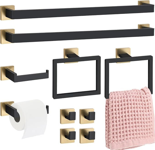 Gisafai 10 Pcs Black Gold Bathroom Hardware Accessories Set 23.6 Inch Bath Towel Bar Kit Stainless Steel Bathroom Hardware Set Towel Racks Ring Robe Hooks Paper Holder for Wall Mounted