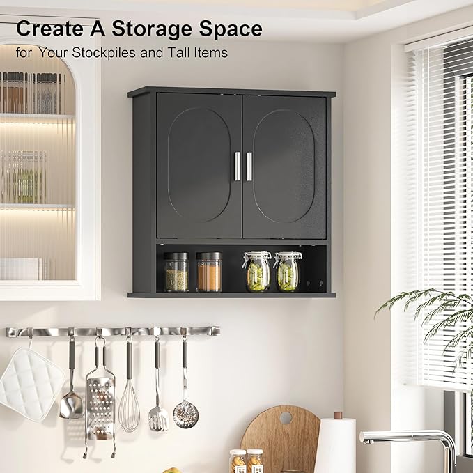 23x24 Bathroom Medicine Cabinet,2 Doors Oval Bathroom Wall Cabinet,Over The Toilet Storage Cabinet for Bathroom/Kitchen,Wall Mounted Medicine Cabinets,Black Bathroom Cabinets with Storage