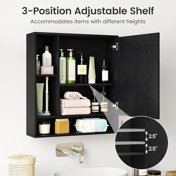 Giantex Bathroom Medicine Cabinet with Mirror, Wall Mounted Medicine Cabinet w/Single Door, 3 Open Shelves & Adjustable Shelf, Space-Saving Hanging Storage Cabinet for Living Room, Hallway (Black)