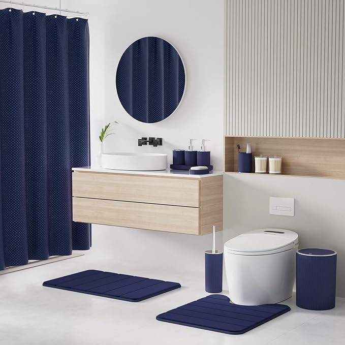 Navy Blue Bathroom Accessories Set - Bathroom Sets, 25PC Bath Accessory Set, Bathroom Sets with Push Top Trash Can, Shower Curtain and Rugs, Toilet Brush, Trash Can & Soap Dispenser