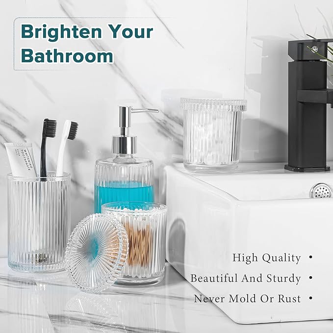 RYTOXILO Bathroom Accessories Set, 4 Pack Clear Glass Bath Accessory Sets Complete, Ribbed Soap Dispenser and Toothbrush Holder Set with 2 Qtip Holders, Modern Sliver Bathroom Counter Decor