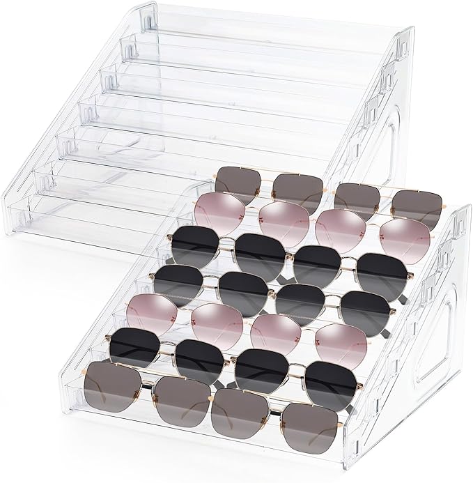 2Pcs Premium Sunglass Organizer Stand,7 Tier Acrylic Holder for Glasses, Nail Polish Display Rack, Organizer for Organizing Sunglasses, Cosmetics, Nail Polish (2 Set)