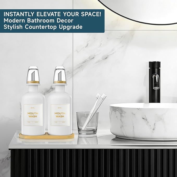2PCS White Glass Mouthwash Dispenser for Bathroom Countertop – 14oz/410ml Refillable Mouthwash Container with Glass Cup & Bamboo Tray, Modern Bathroom Decor for Home, Vacation Rentals, Gym (White)