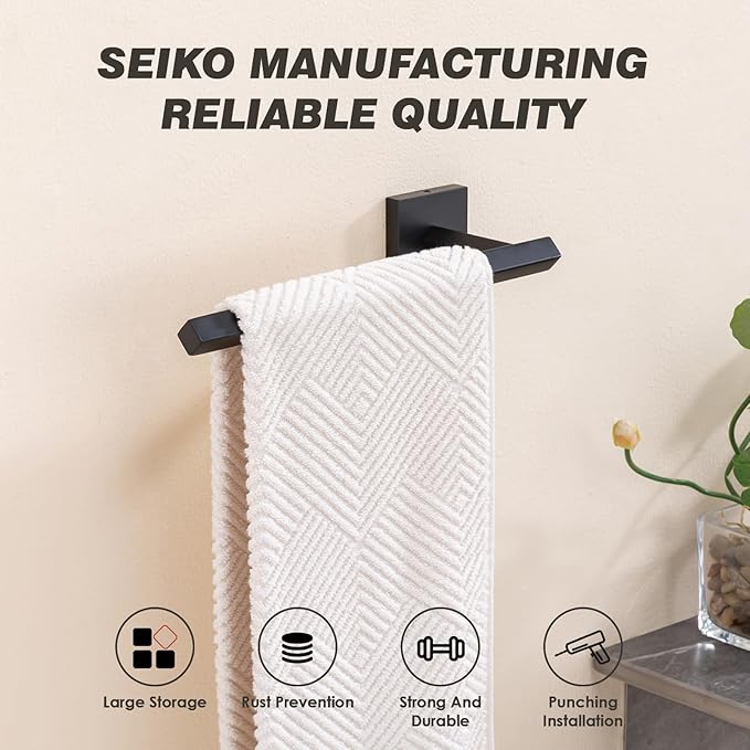 TVDEX Black Hand Towel Holder Bath Towel Bar Bathroom Towel Ring Wall Mount