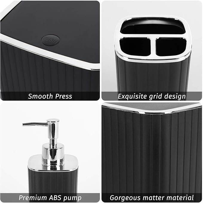 Bathroom Accessories Set, 21Pcs Black&Silver Bathroom Set, Including Shower Curtain, Toothbrush Holder, Trash Can, Toilet Brush, Bathroom Soap Dispenser Set for Bathroom Decor