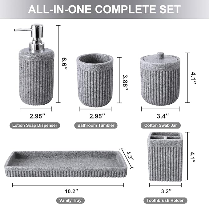 XLHOMO Resin Grey Bathroom Accessories Set 5 Pcs, Lotion Soap Dispenser, Toothbrush Holder, Bathroom Tumbler, Qtip Holder and Vanity Tray, Bathroom Countertop Organizer Set for Modern Home Apartment
