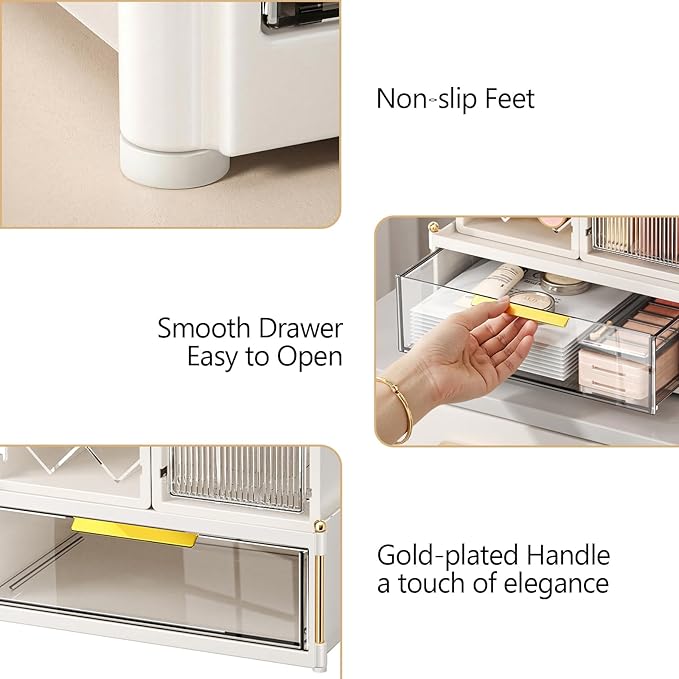 FOLLOWIN Compact Makeup Organizer Set, Lipstick Holder with Grid,Makeup Brush Organizer with Flip Drawer, 2 Ways to Arrange, Milk White Vanity Countertop Storage with Detachable Drawer for Cosmetics