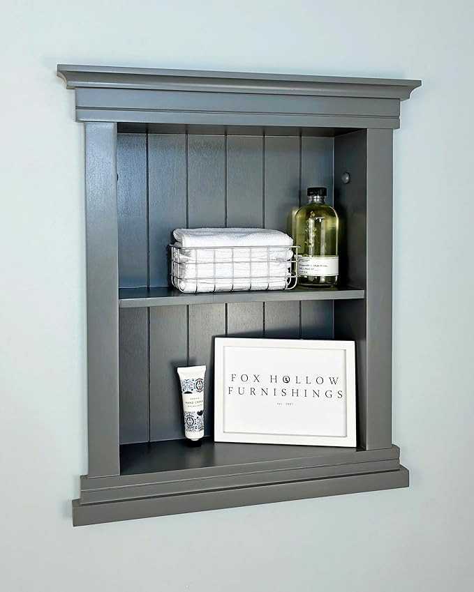 Fox Hollow Furnishings 14x18 Elliot Craftsman Recessed Wood Wall Niche, Open Medicine Cabinet Replacement, in Wall Bathroom Cabinet Insert Shelves, Made in North America, NO MDF, Beadboard, Dark Gray