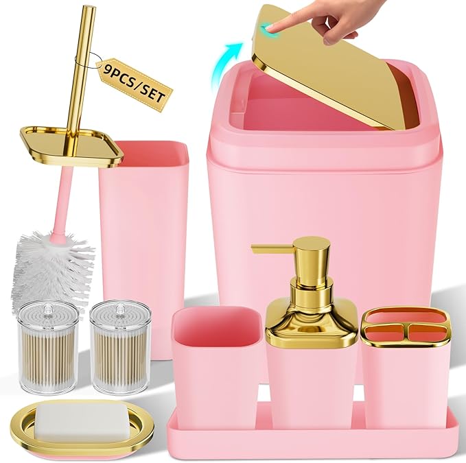 XLHOMO Bathroom Accessories Set - Luxury Pink Bathroom Set, 9 Pieces Bathroom Accessory Set, Pink Bathroom Accessories with Trash Can, Toilet Brush & Soap Dispenser