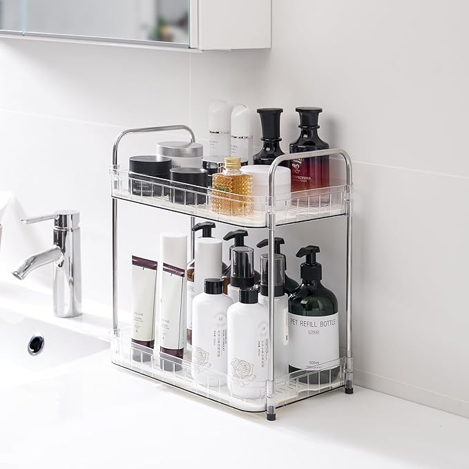 2-Tier Light Bathroom Countertop Organizers – Vanity Tray for Bathroom Organization and Decor, Detachable Makeup Storage Cabinet for Cosmetics, Skincare, and Personal Care Items