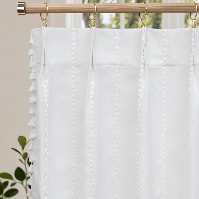 Boho Farmhouse Window Curtain with Tassels, 30 x 24 Inch Light Filtering Sheer Short Cafe Window Curtain Tier, White Linen Textured Pleated Small Window Drape for Kitchen or Bathroom, 1 Panel
