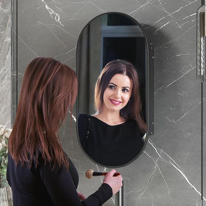 Oval Medicine Cabinet Mirror for Bathroom,Recessed Black Medicine Cabinet with Mirror, Brushed Black Mirror Cabinet with 3 Storage,Metal Edge,Wall Mounted,16x31Inch