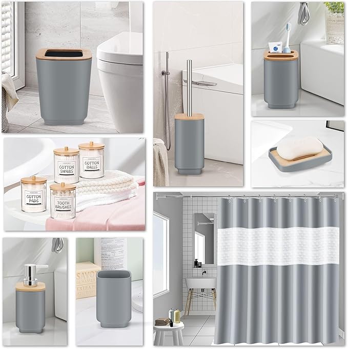 IMAVO 11 Piece Grey Bathroom Set, Trash Can, Toilet Brush, Storage Tray, Complete Bathroom Accessories Organization Kit for Bathroom Décor and Home Gifts