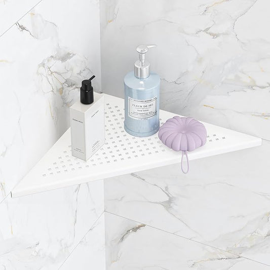 Qeke Bathroom Corner Shelf, Recessed 12" Shower Shelf Caddy, SUS304 Stainless Steel Shelf Wall Mount Triangular, No Drilling, Matte White