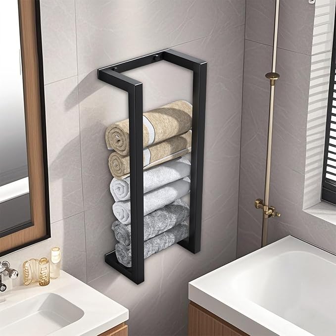 Towel Racks for Bathroom Rolled Towels,Small Vertical Towel Storage Rack for Bathroom,Premium Aluminum Matte Black Bath Towel Holder Wall Mounted,Easy to Install
