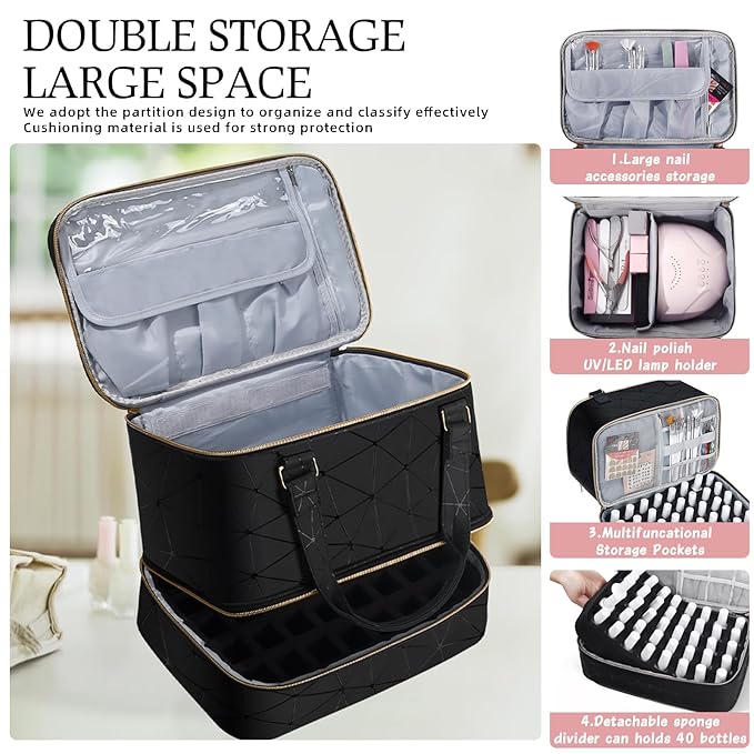 FCQQYWZ Nail Polish Organizer Case Hold 40+ Bottles (15ml/0.5 fl.oz) and Led Nail Lamp, Nail Supply Organizers and Storage for Nail Tech, Nail Dryer Case Nail Polish Bag Nail Kit Organizer (BLACK)
