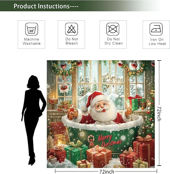 Dreamrflove Christmas Shower Curtain，Santa Claus Tub ，Winter Christmas Shower Curtains for Bathroom ，Cute Funny Shower Curtain，72x72 Inch Waterproof Polyester Insulated Home Decor Set ，with Hooks