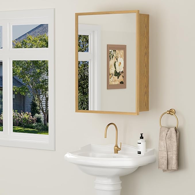 24x30 Inch Wood Medicine Cabinet with Mirror, Surface or Recessed Mounted Bathroom Cabinets with Adjustable Shelves, Soft-Close Hinges, Wall Mounted Cabinet for Storage