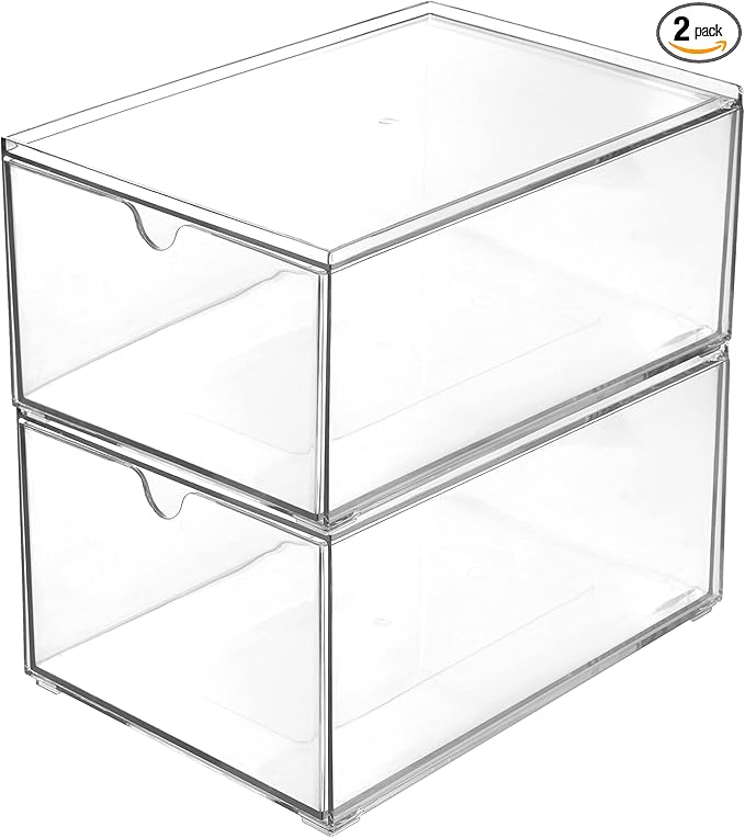 Youngever 2 Pack Stackable Plastic Organiser Drawers, Clear Cosmetic Organizers, Makeup Organiser Drawers