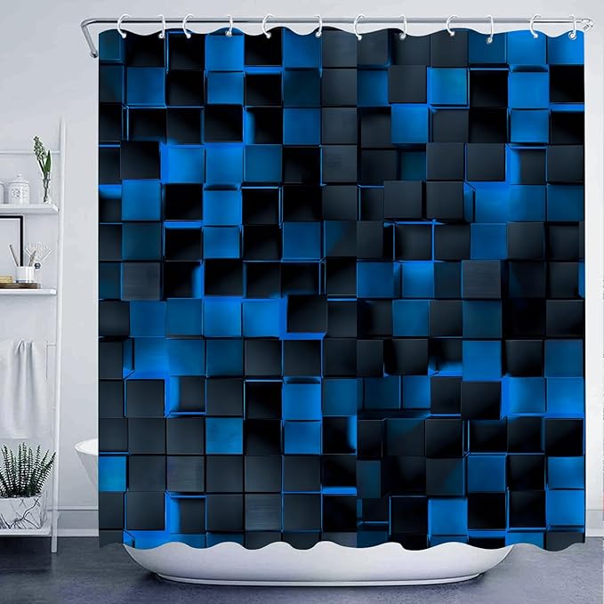 3D Cubes Shower Curtain，Blue Black Shower Curtains for Bathroom，Modern Bathroom Shower Curtain，Washable Fabric Bath Curtain 72''x72''