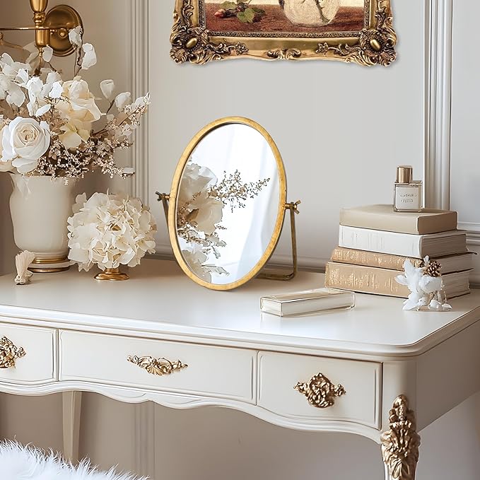 Vintage Makeup Desk Mirror, 11.8" L x 7.9" W Antique Gold Vanity Table Mirror, Metal Framed Oval Small Standing Mirrors, 360 Adjustable Rotation Mirrors for Tabletop, Bathroom