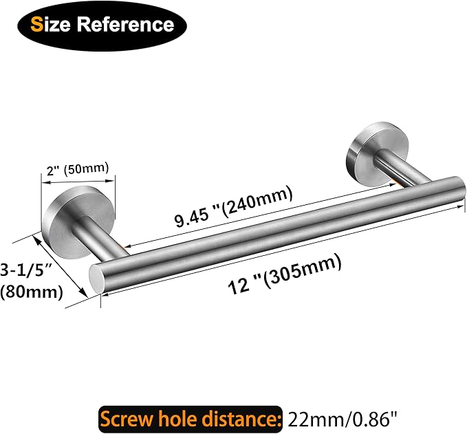 Nolimas 12 Inch Bath Hand Towel Bar SUS 304 Stainless Steel Towel Rod Rack Holder Round Wall Mounted Suit for Kitchen, Bathroom,Living Room&Toilet, Anti Rust Brushed Nickel