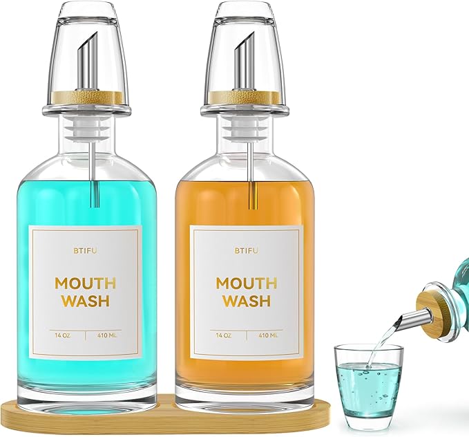 2PCS Glass Mouthwash Dispenser for Bathroom Countertop – 14oz/410ml Refillable Mouthwash Bottle with Stainless Steel Pour Spout & Bamboo Tray, Modern Decor for Home, Office, Airbnb (Clear)