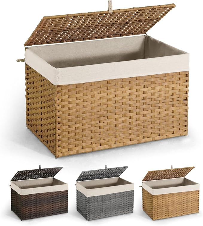 CAPHAUS Laundry Basket w/Lid, Synthetic Rattan Laundry Hamper w/Lid and Handles, 2 Removable Liner Bags, Foldable Clothes Hamper for Laundry, Large Storage Basket w/Lid, 160L, Natural