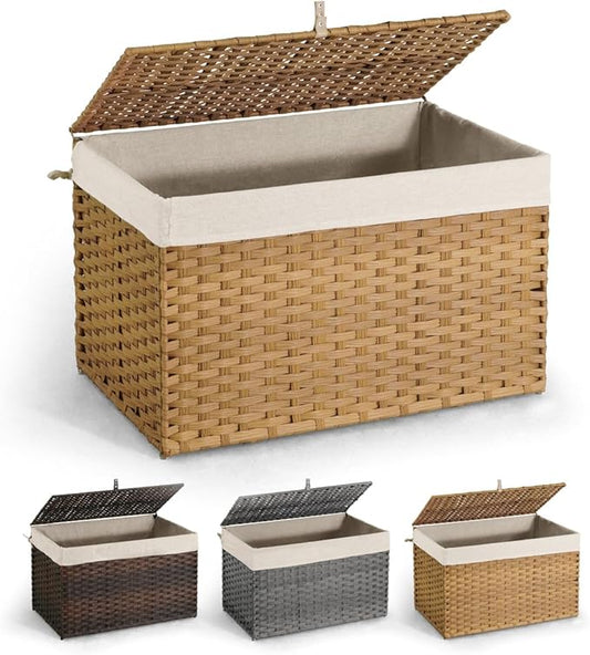CAPHAUS Laundry Basket w/Lid, Synthetic Rattan Laundry Hamper w/Lid and Handles, 2 Removable Liner Bags, Foldable Clothes Hamper for Laundry, Large Storage Basket w/Lid, 160L, Natural